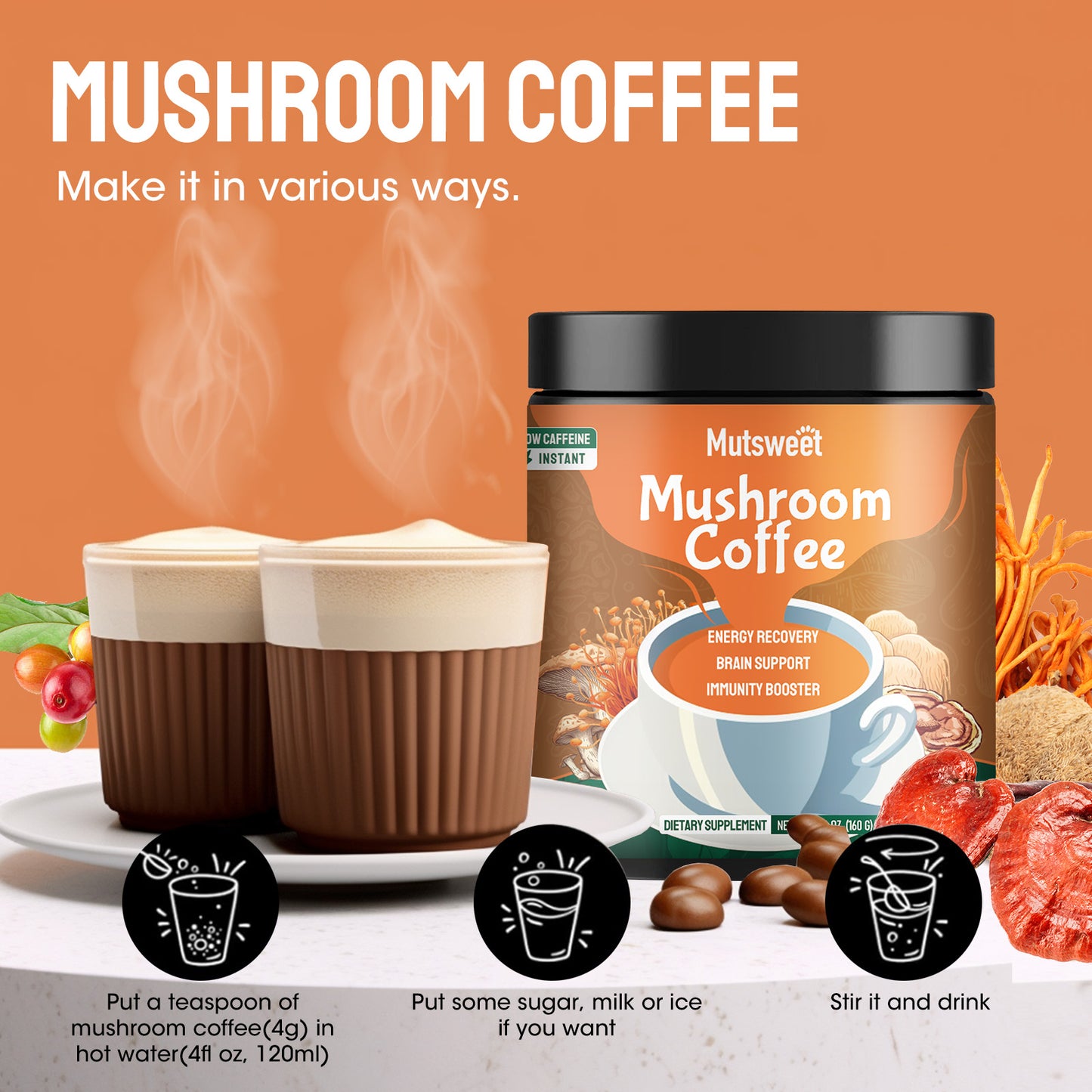 Mutsweet 13 in 1 Mushroom Coffee Powder with Adaptogens Rhodiola for Immune Energy