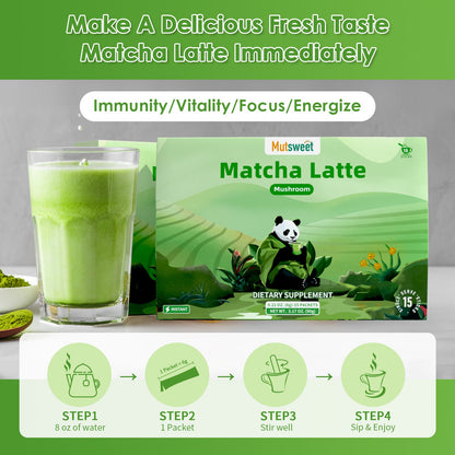 Mutsweet Matcha Green Tea Powder with 8 Mushrooms & Skimmed Milk Powder, Gluten-Free, Non-GMO, Sweetened Matcha Latte, for Natural Energy, Memory, Immune Support, Portable 15 Packets