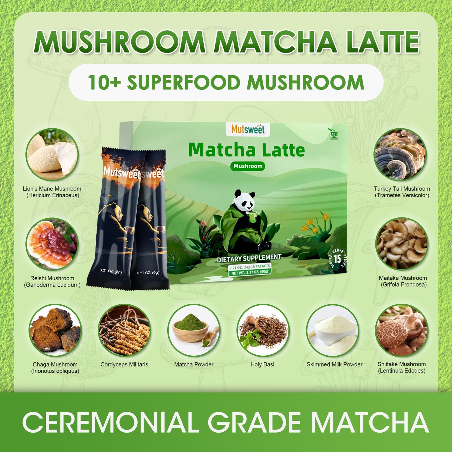 Mutsweet Matcha Green Tea Powder with 8 Mushrooms & Skimmed Milk Powder, Gluten-Free, Non-GMO, Sweetened Matcha Latte, for Natural Energy, Memory, Immune Support, Portable 15 Packets