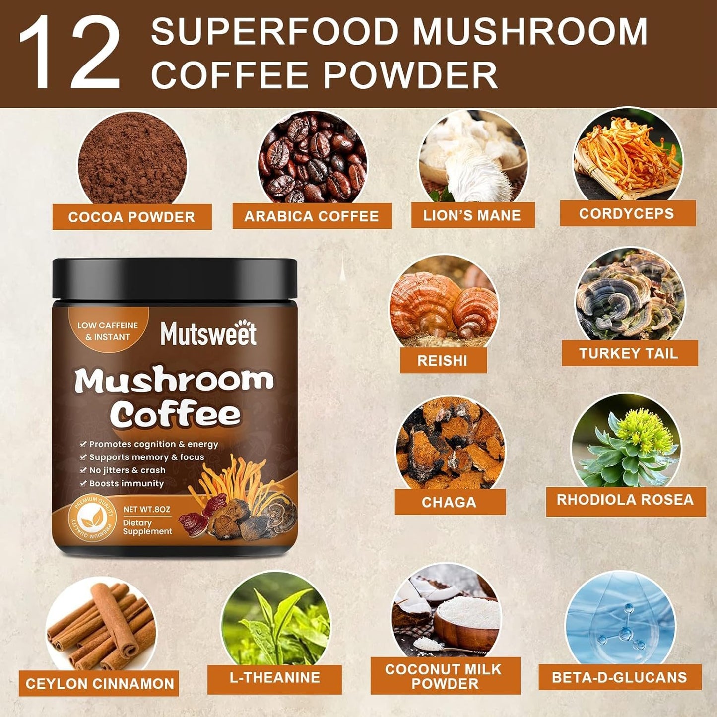 Mutsweet Mushroom Coffee Powder Blend Supplement for Smoothies Latte