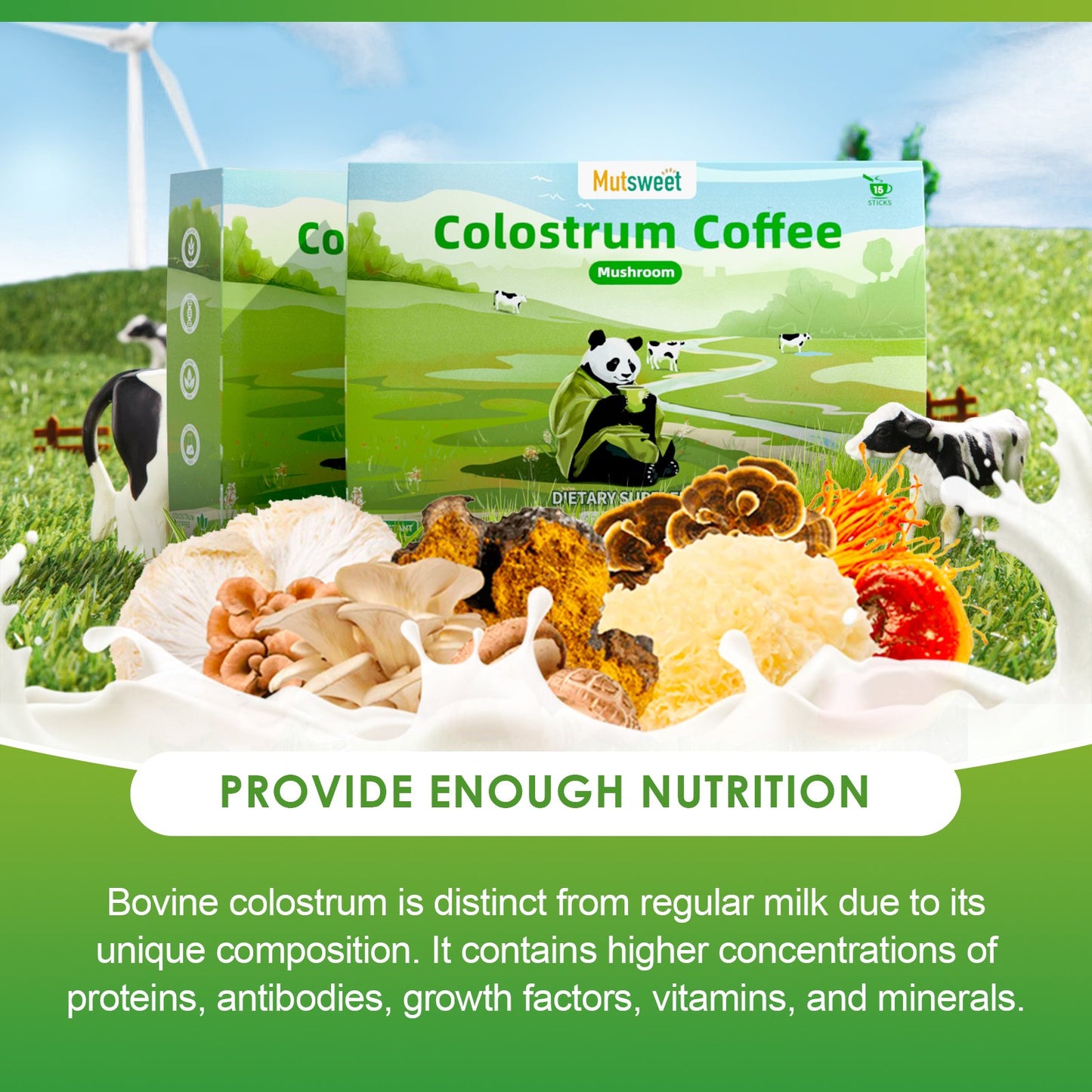 Colostrum Coffee with 10 Mushroom Blend- Lion's Mane, Chaga, Cordyceps, Turkey Tail, Reishi & Other for Energy, Focus, Memory, Immunity, Skin, Hair & Gut Health Support 15 Servings