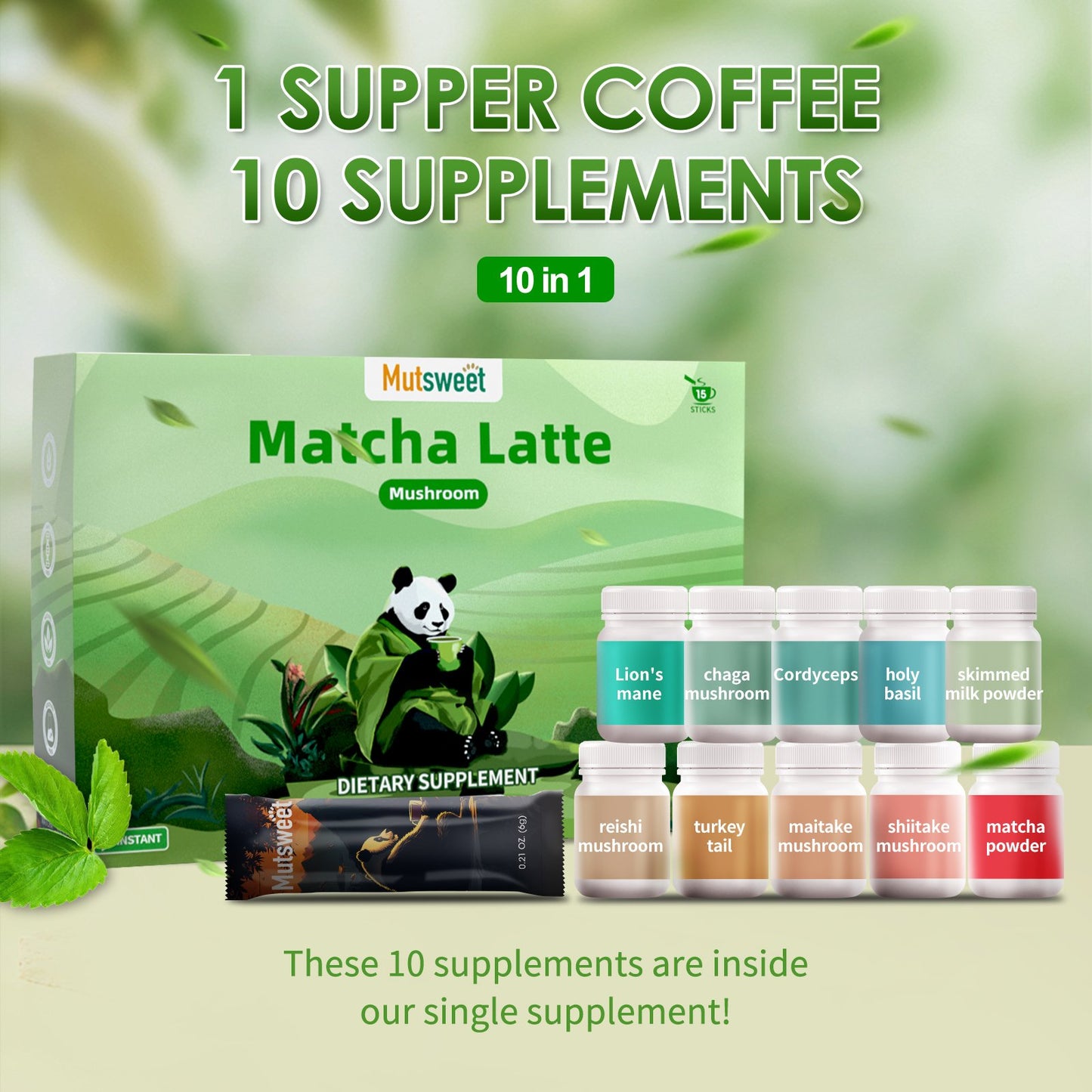 Mutsweet Matcha Green Tea Powder with 8 Mushrooms & Skimmed Milk Powder, Gluten-Free, Non-GMO, Sweetened Matcha Latte, for Natural Energy, Memory, Immune Support, Portable 15 Packets