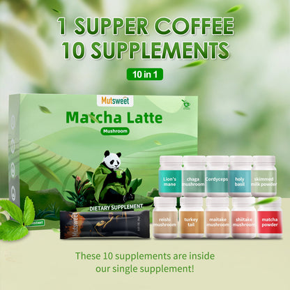 Mutsweet Matcha Green Tea Powder with 8 Mushrooms & Skimmed Milk Powder, Gluten-Free, Non-GMO, Sweetened Matcha Latte, for Natural Energy, Memory, Immune Support, Portable 15 Packets