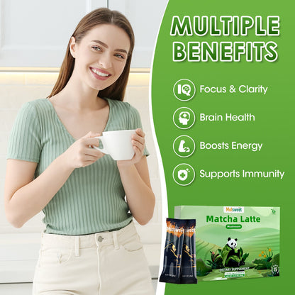 Mutsweet Matcha Green Tea Powder with 8 Mushrooms & Skimmed Milk Powder, Gluten-Free, Non-GMO, Sweetened Matcha Latte, for Natural Energy, Memory, Immune Support, Portable 15 Packets