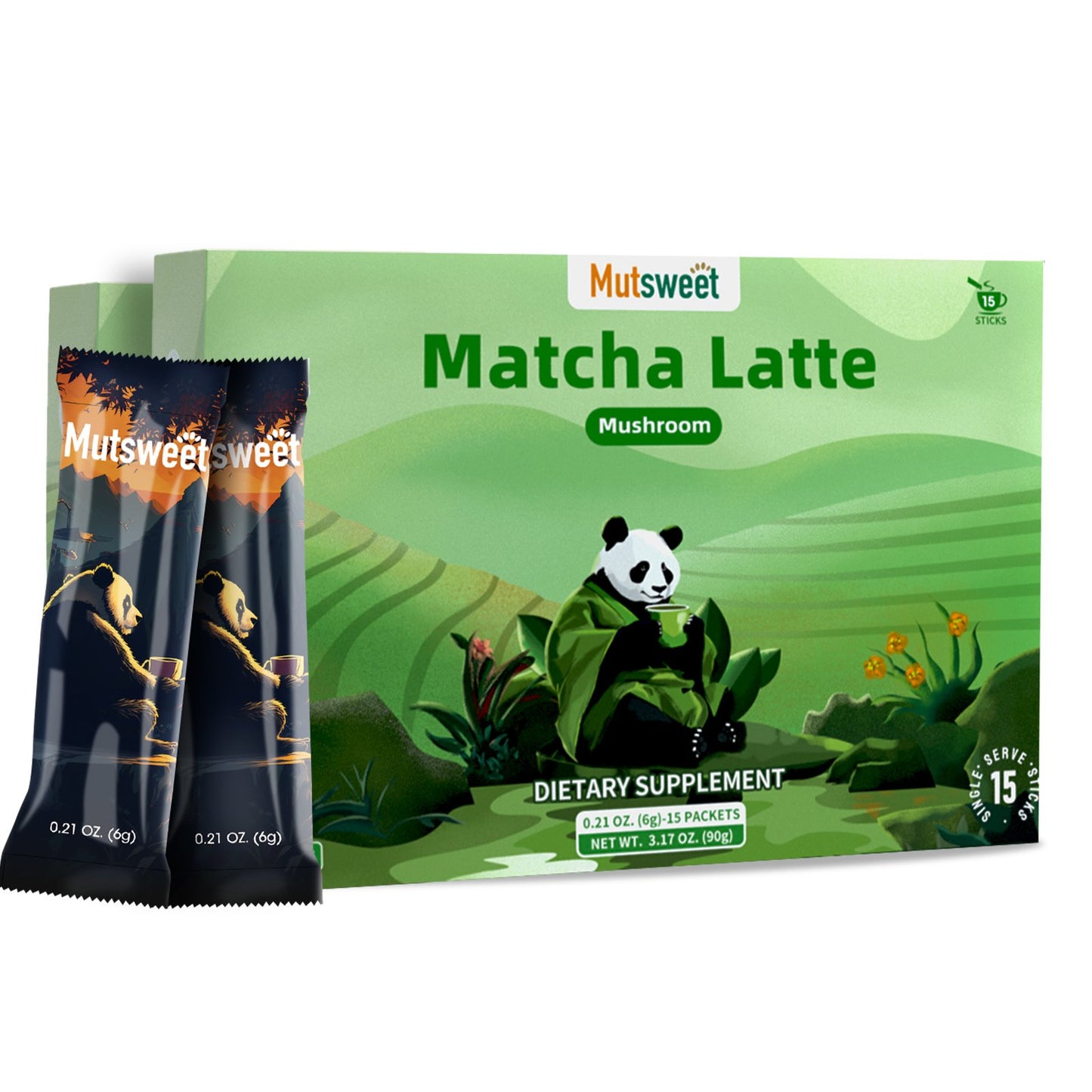 Mutsweet Matcha Green Tea Powder with 8 Mushrooms & Skimmed Milk Powder, Gluten-Free, Non-GMO, Sweetened Matcha Latte, for Natural Energy, Memory, Immune Support, Portable 15 Packets