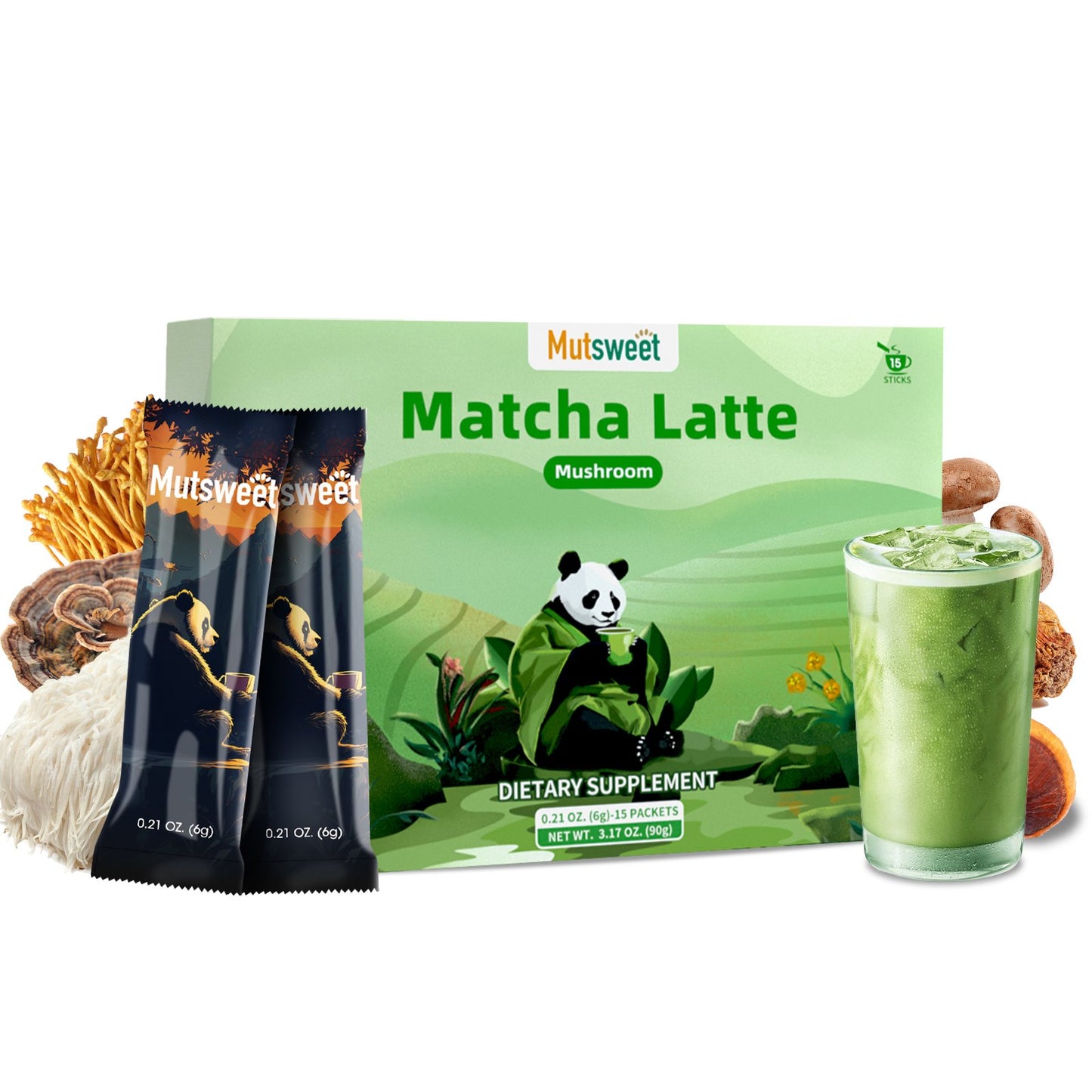 Mutsweet Matcha Green Tea Powder with 8 Mushrooms & Skimmed Milk Powder, Gluten-Free, Non-GMO, Sweetened Matcha Latte, for Natural Energy, Memory, Immune Support, Portable 15 Packets