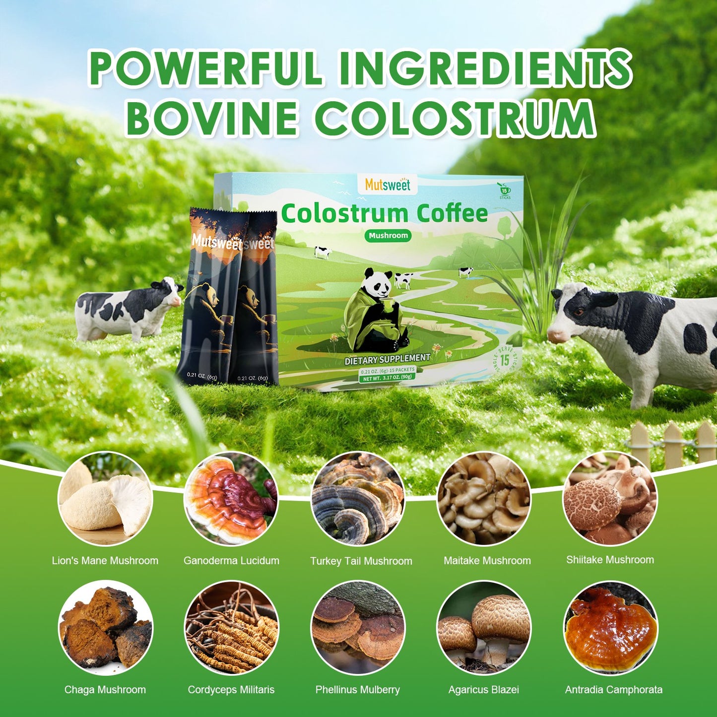 Colostrum Coffee with 10 Mushroom Blend- Lion's Mane, Chaga, Cordyceps, Turkey Tail, Reishi & Other for Energy, Focus, Memory, Immunity, Skin, Hair & Gut Health Support 15 Servings